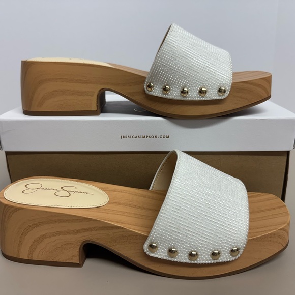 Jessica Simpson White Mules with Gold Studs - Picture 1 of 8